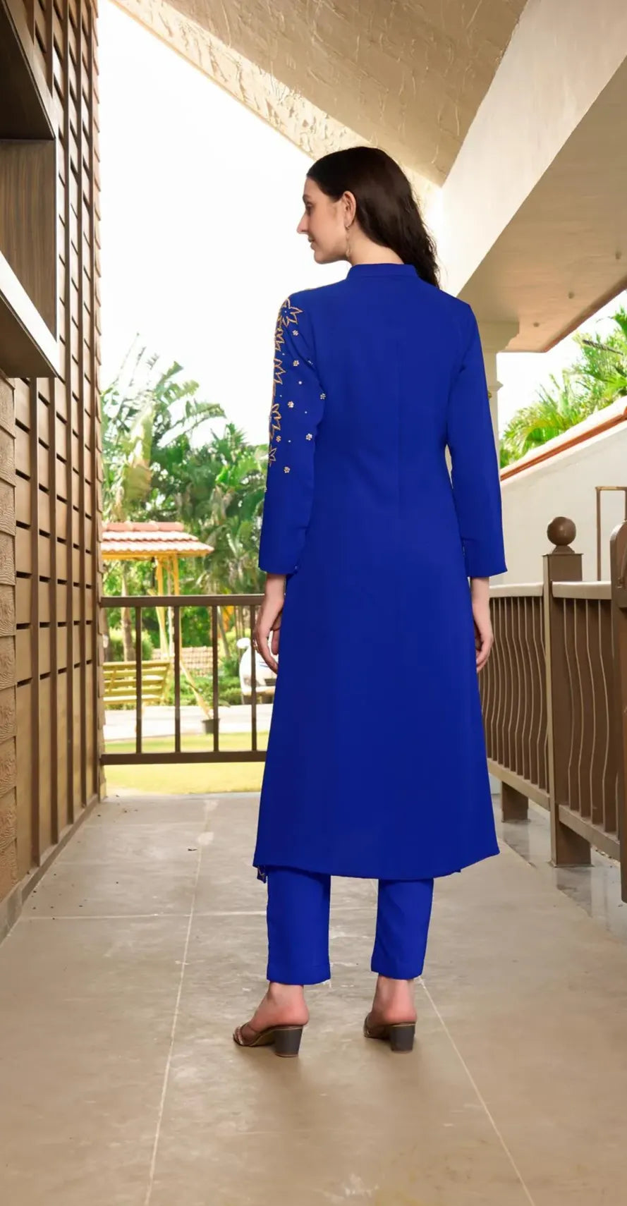 Royal Blue Embroidered Georgette A Line Kurta