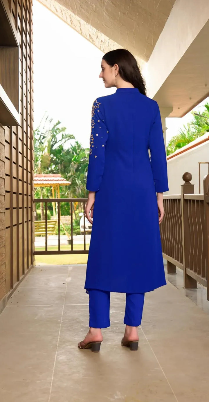 Royal Blue Embroidered Georgette A Line Kurta