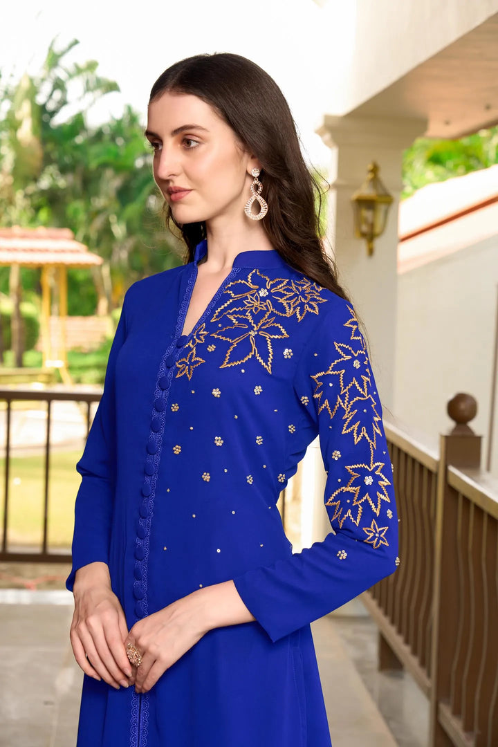 Royal Blue Embroidered Georgette A Line Kurta