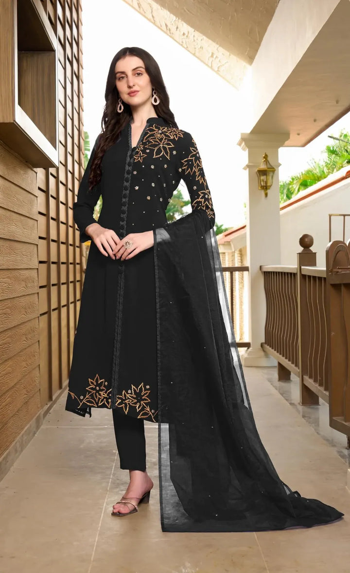 Black Hand Embroidery Georgette A Line Suit
