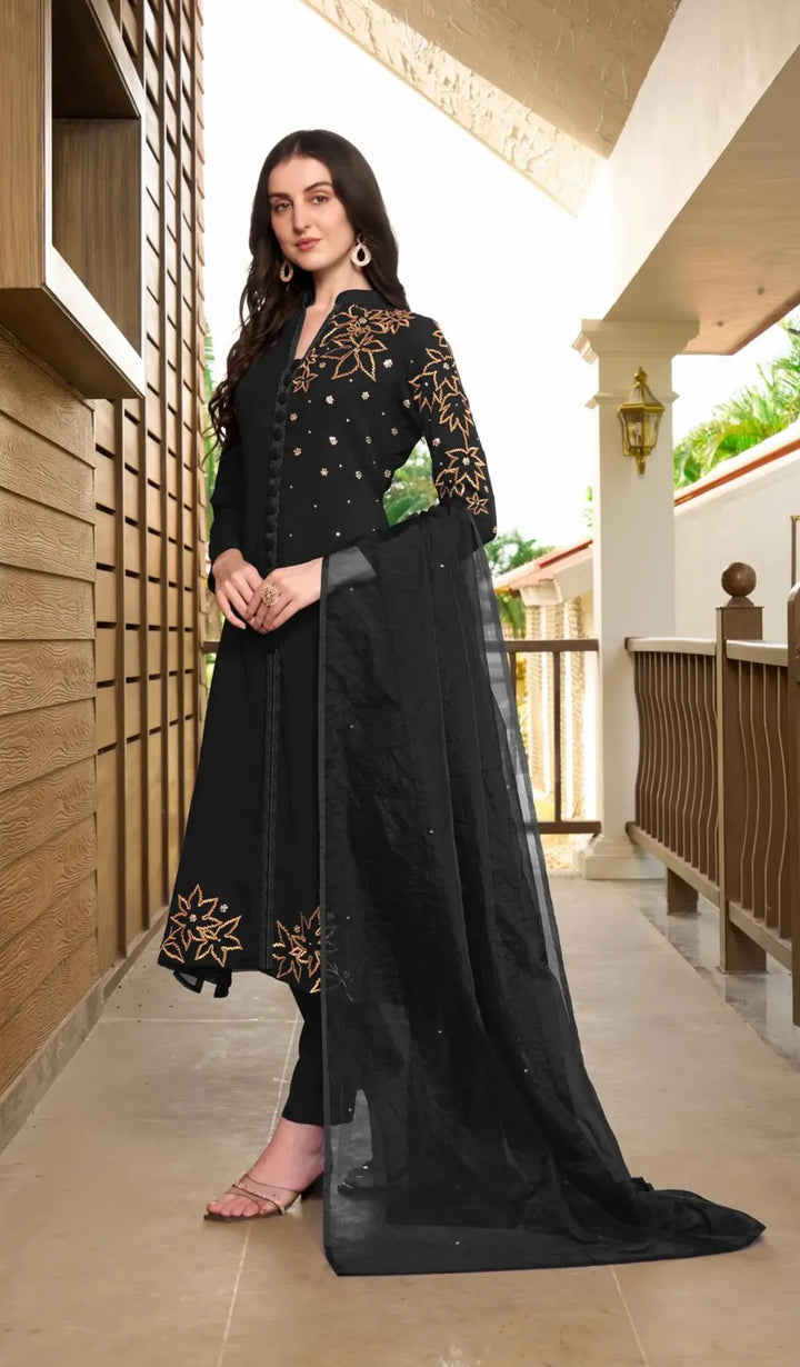 Black Hand Embroidery Georgette A Line Suit