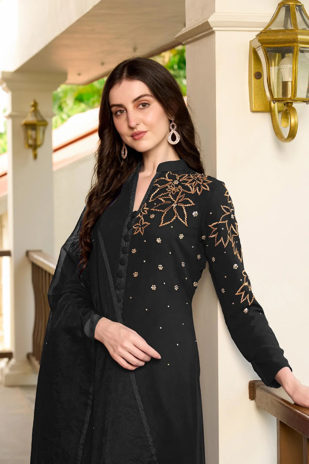 Black Hand Embroidery Georgette A Line Suit