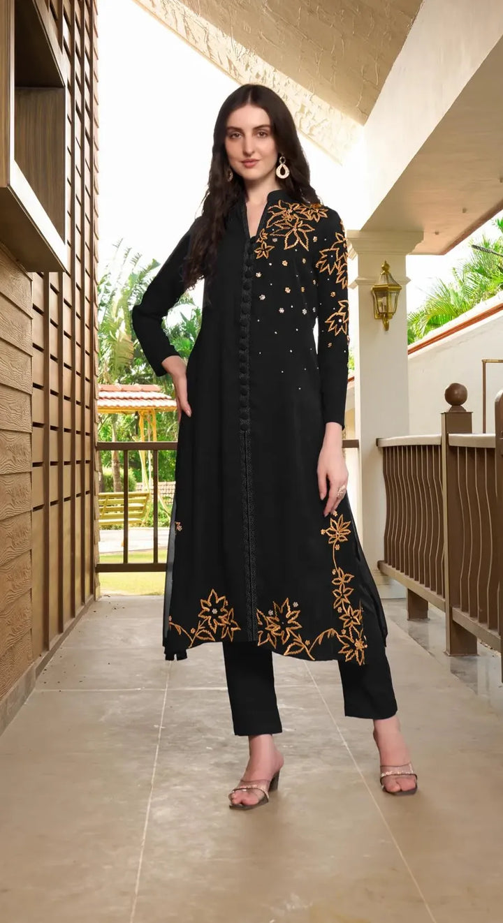 Black Embroidered Georgette A Line Kurta