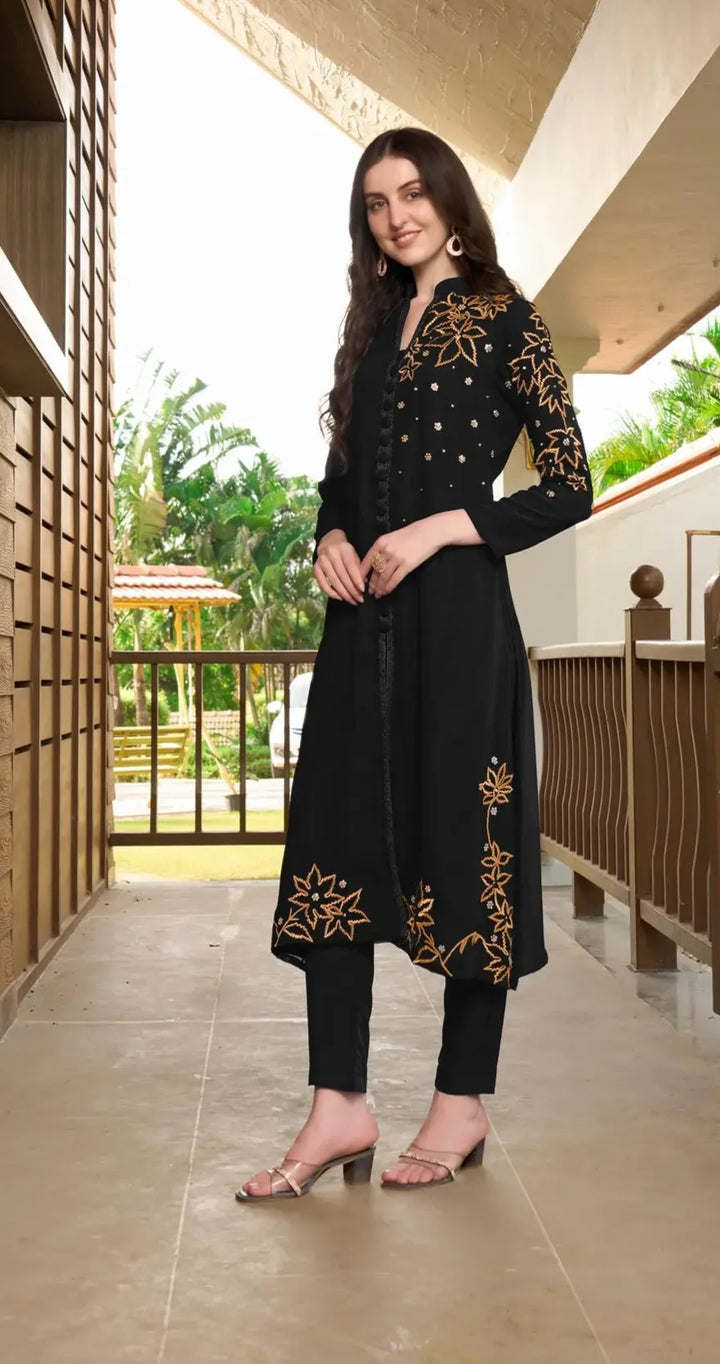 Black Embroidered Georgette A Line Kurta