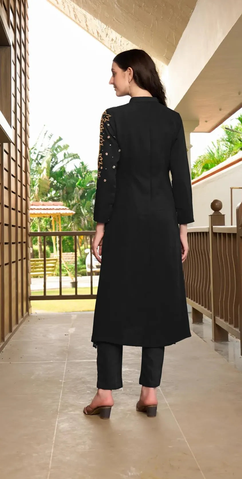 Black Embroidered Georgette A Line Kurta