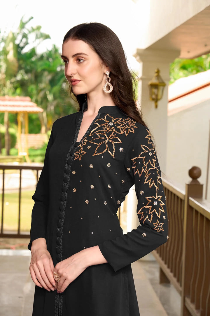 Black Embroidered Georgette A Line Kurta