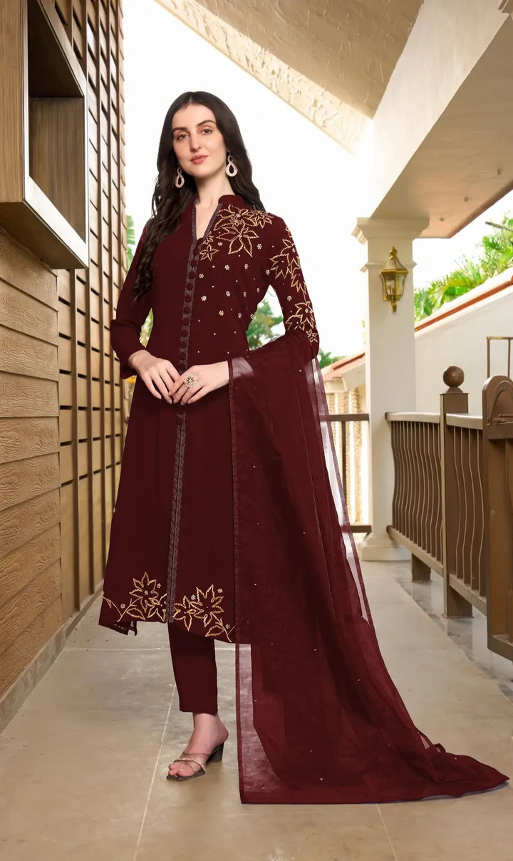 Maroon Hand Embroidery Georgette A Line Suit