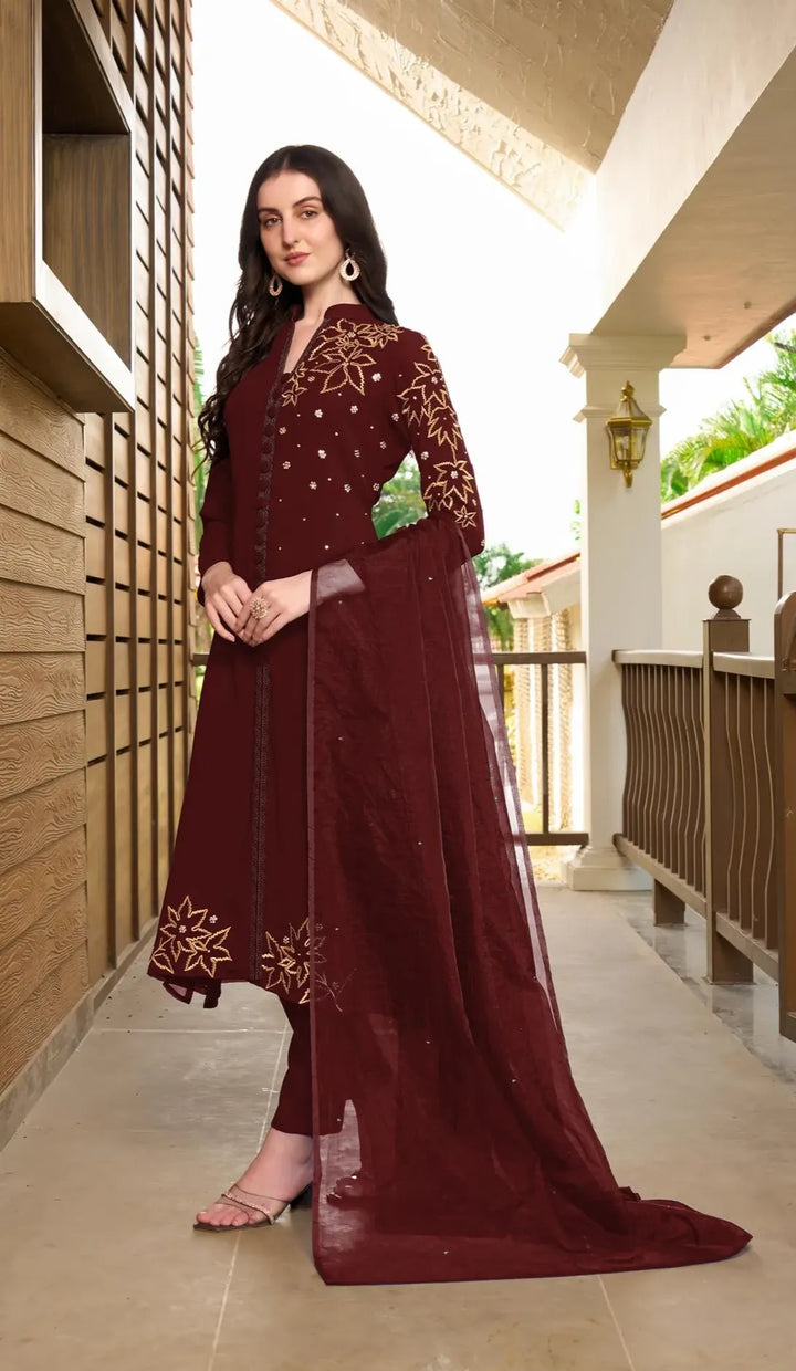 Maroon Hand Embroidery Georgette A Line Suit