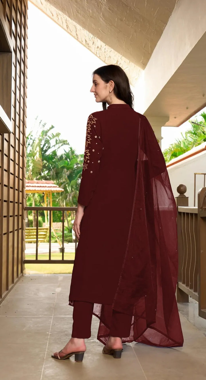 Maroon Hand Embroidery Georgette A Line Suit