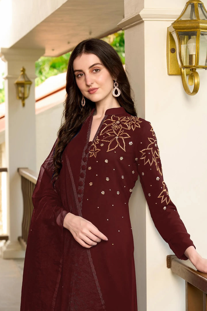 Maroon Hand Embroidery Georgette A Line Suit