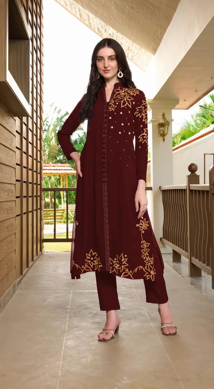 Maroon Embroidered Georgette A Line Kurta