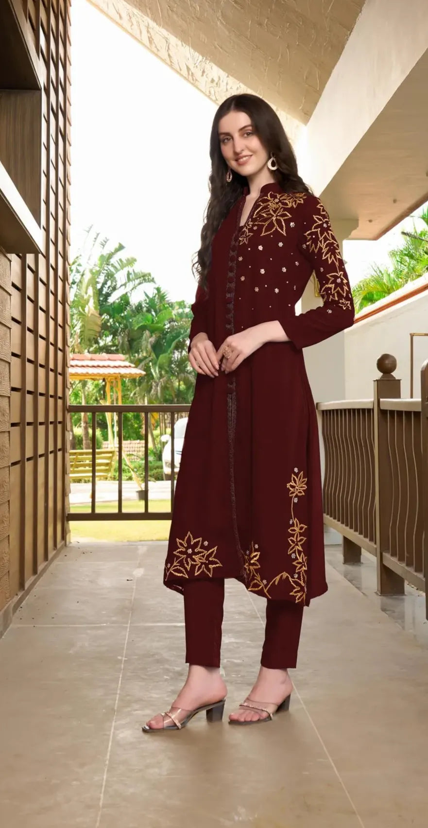 Maroon Embroidered Georgette A Line Kurta