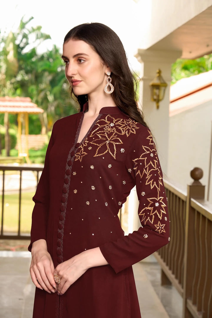 Maroon Embroidered Georgette A Line Kurta