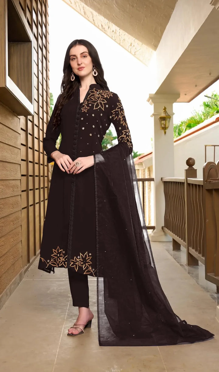 Dark Brown Hand Embroidery Georgette Stitched A Line Trouser Kurta Dupatta