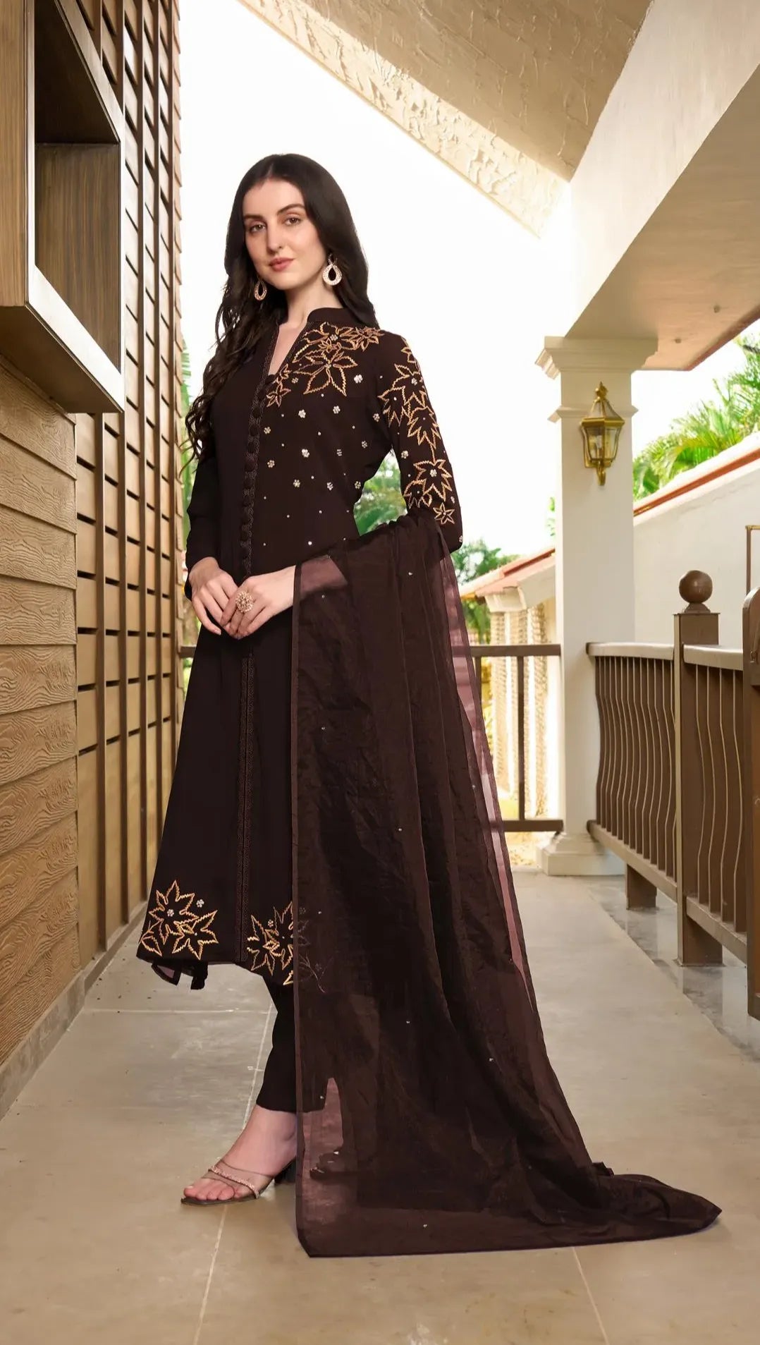 Dark Brown Hand Embroidery Georgette Stitched A Line Trouser Kurta Dupatta
