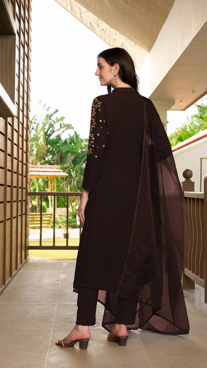 Dark Brown Hand Embroidery Georgette Stitched A Line Trouser Kurta Dupatta