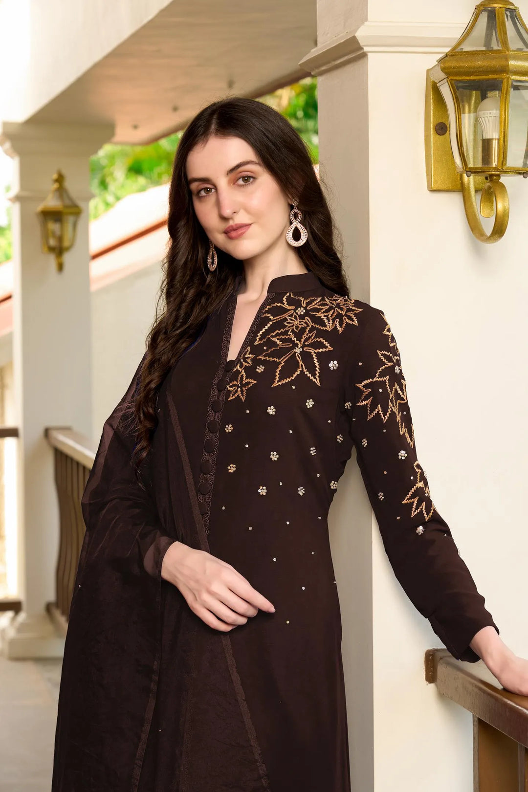 Dark Brown Hand Embroidery Georgette Stitched A Line Trouser Kurta Dupatta