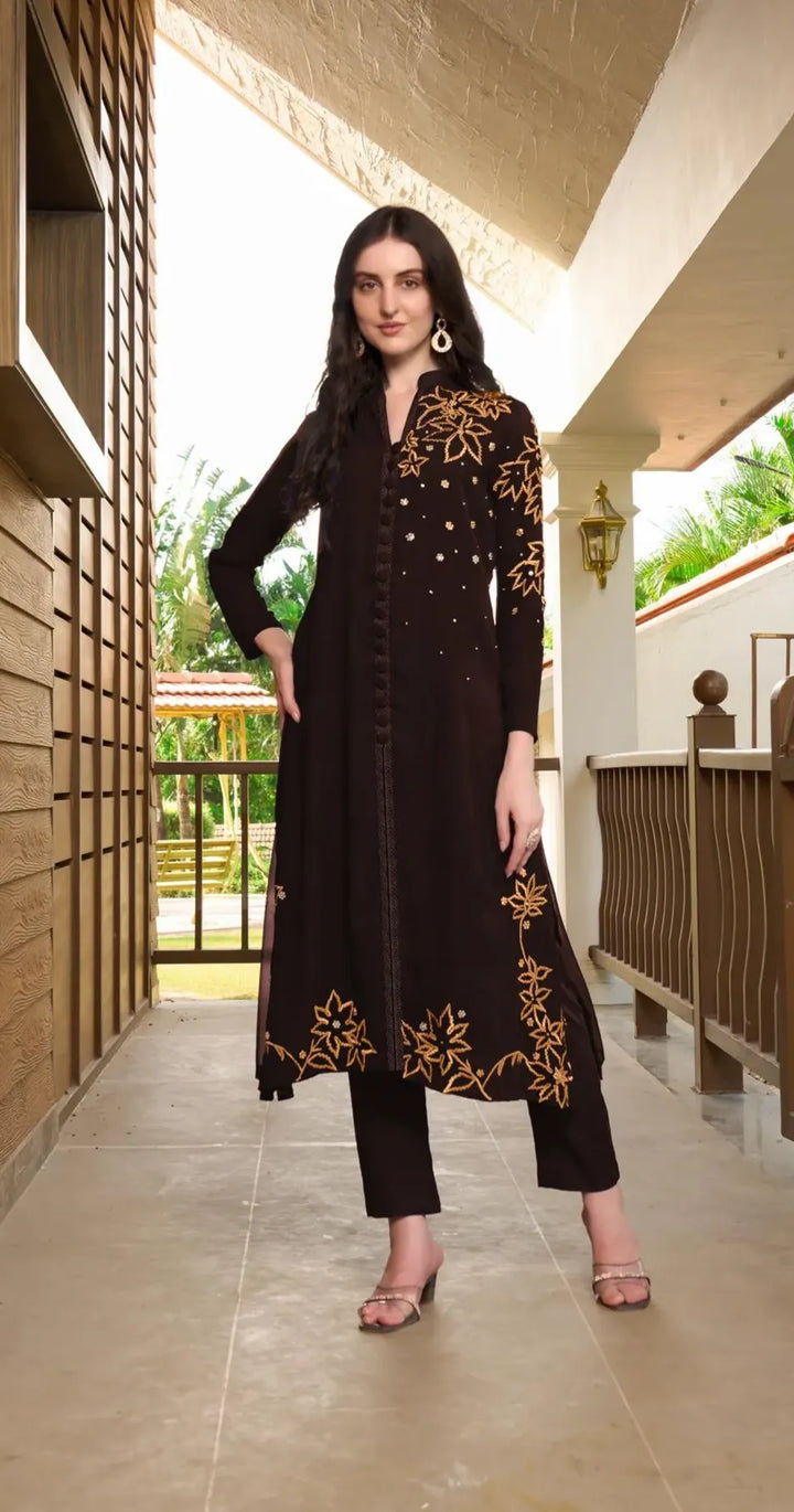 Dark Brown Embroidered Georgette A Line Kurta