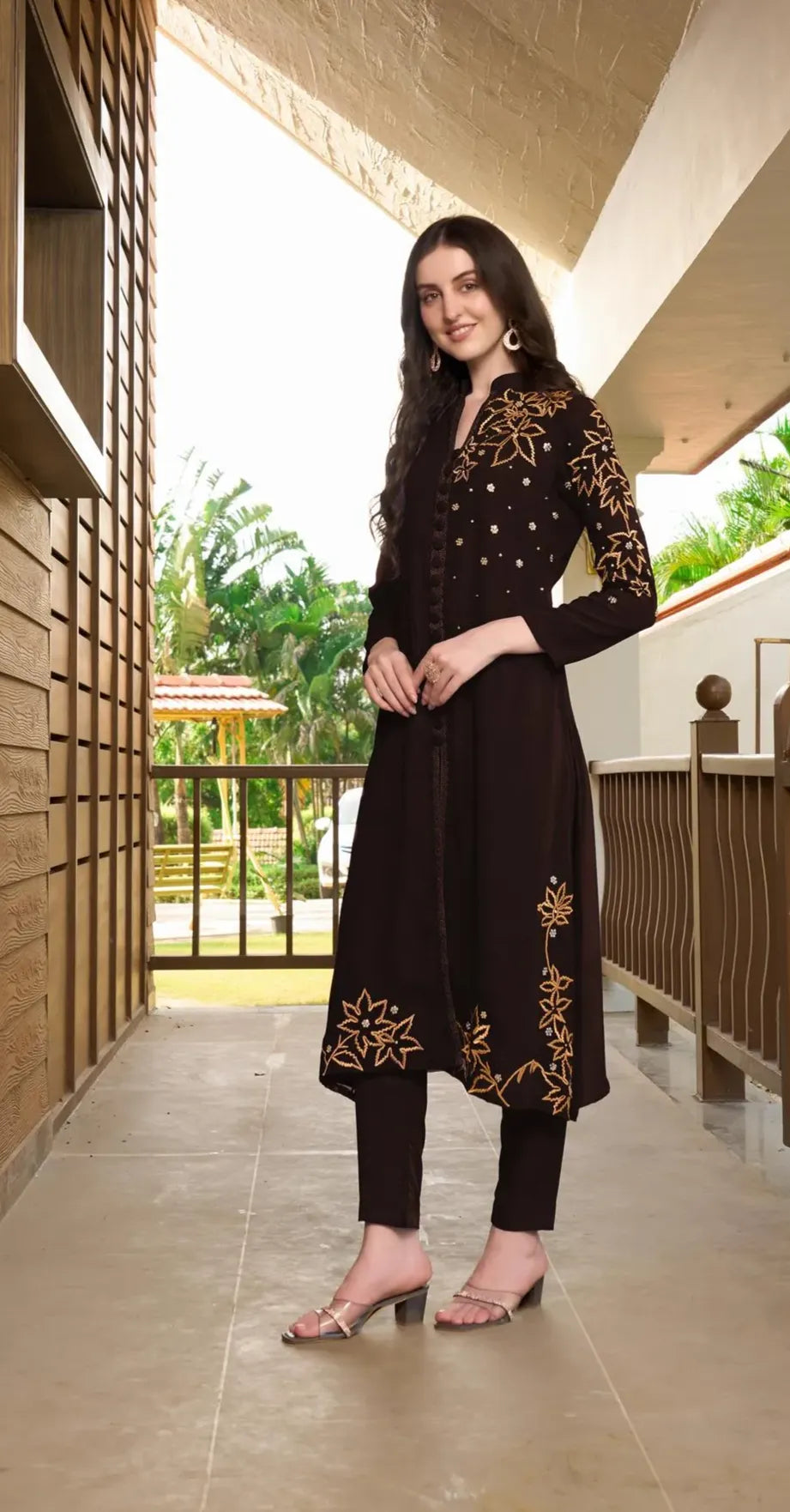 Dark Brown Embroidered Georgette A Line Kurta