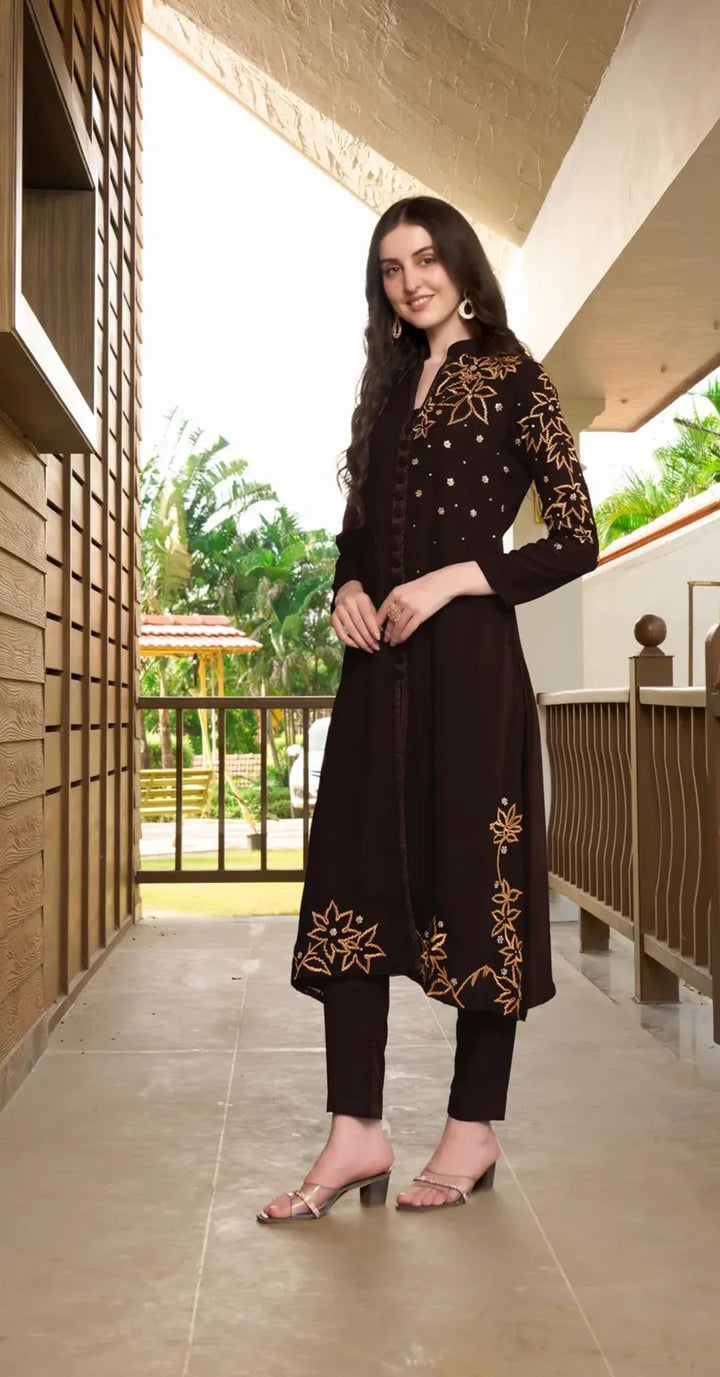Dark Brown Embroidered Georgette A Line Kurta