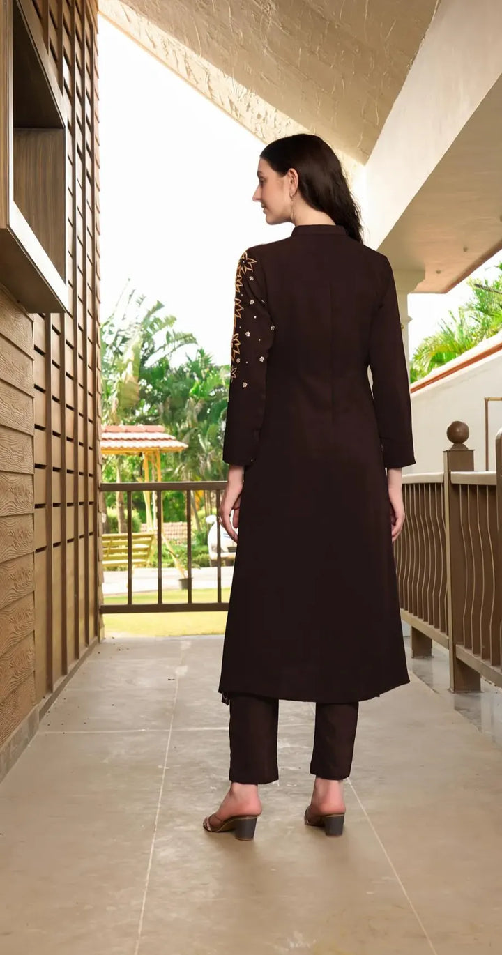Dark Brown Embroidered Georgette A Line Kurta