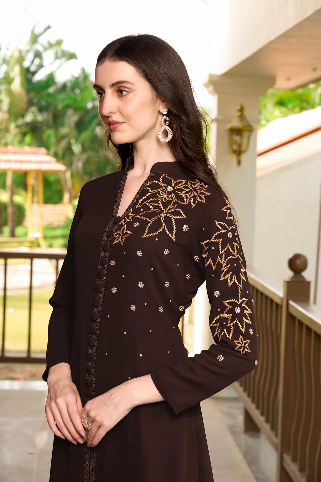 Dark Brown Embroidered Georgette A Line Kurta