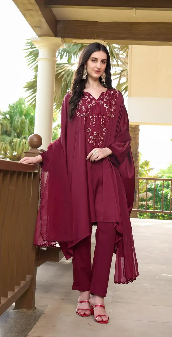 Maroon Machine Embroidery Silk Kaftan Style Asymmetrical Suit
