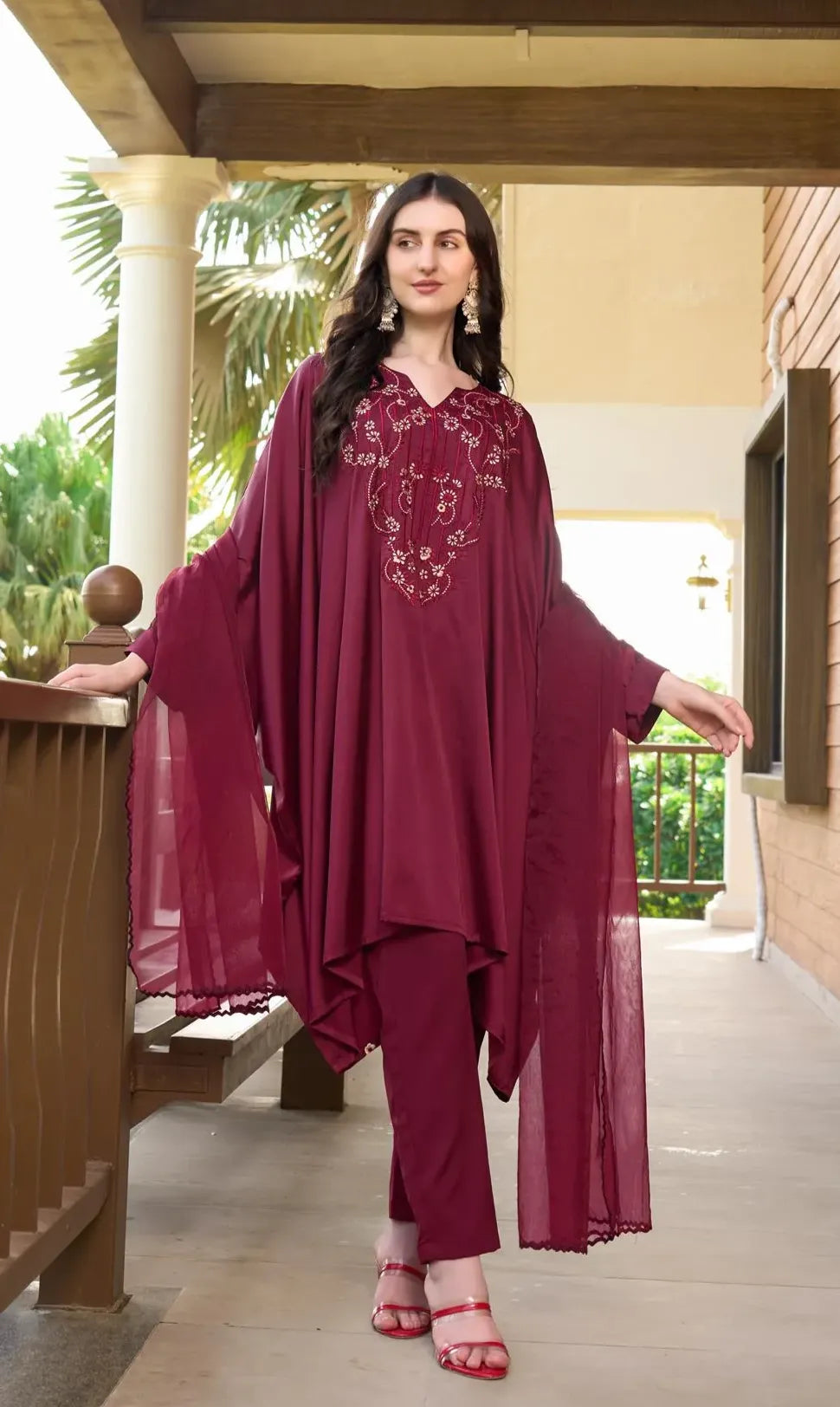 Resham Embroidery Silk Stitched Asymmetrical Trouser Kurta & Dupatta