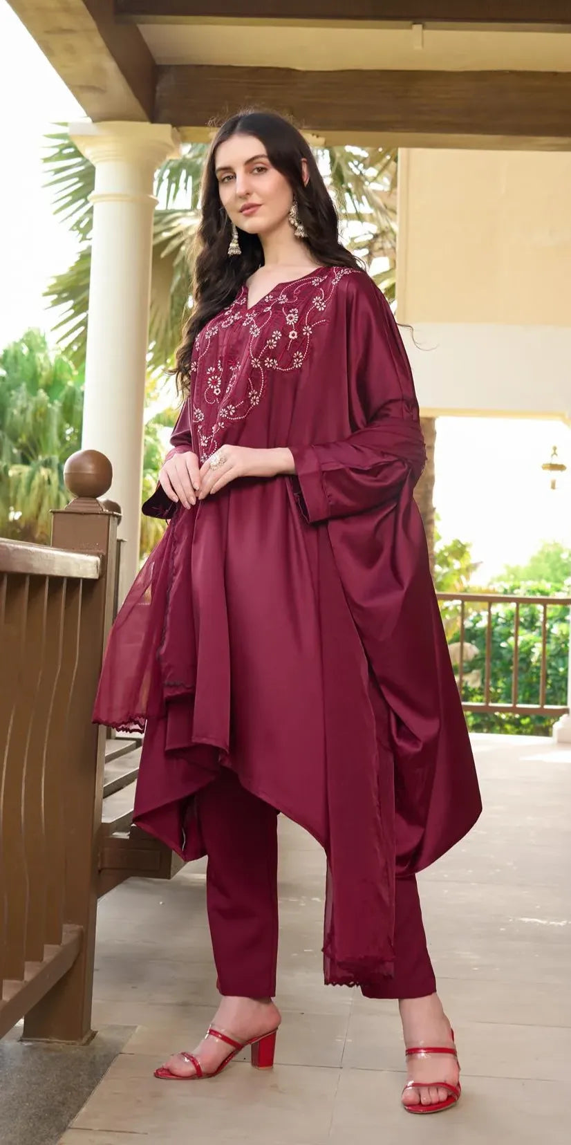 Resham Embroidery Silk Stitched Asymmetrical Trouser Kurta & Dupatta