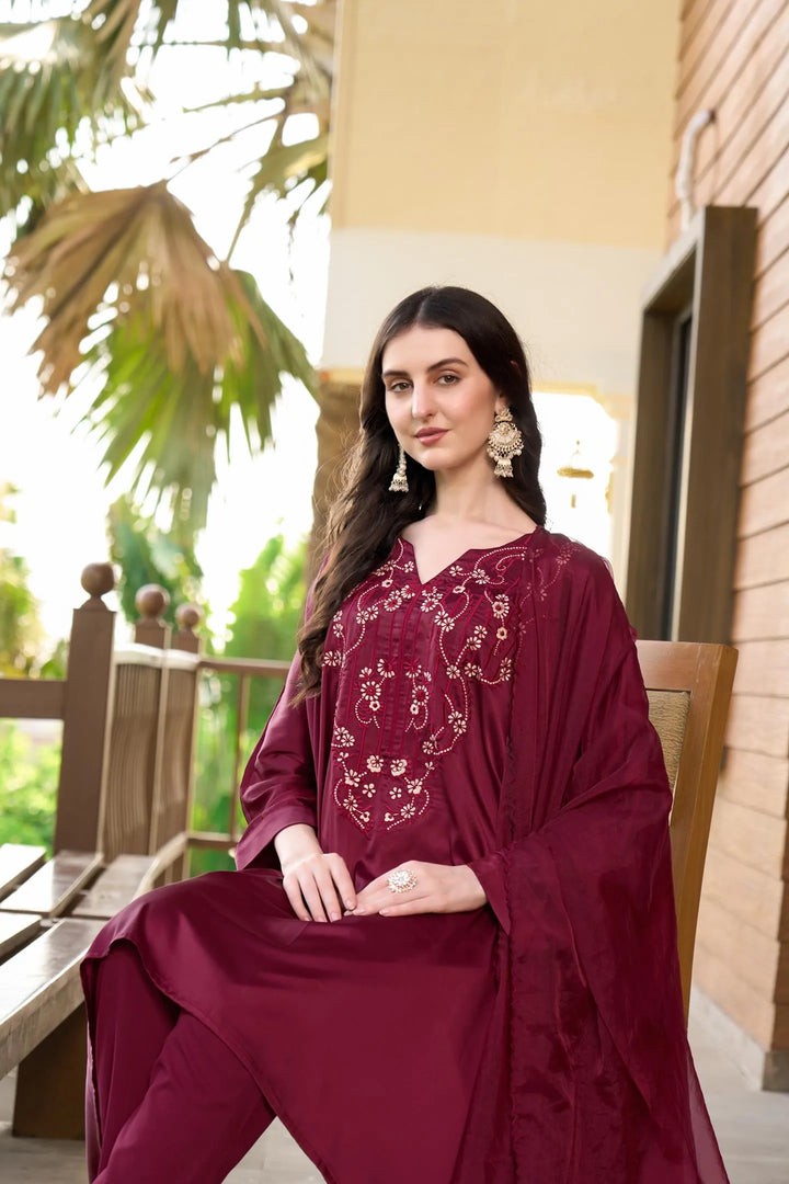 Resham Embroidery Silk Stitched Asymmetrical Trouser Kurta & Dupatta