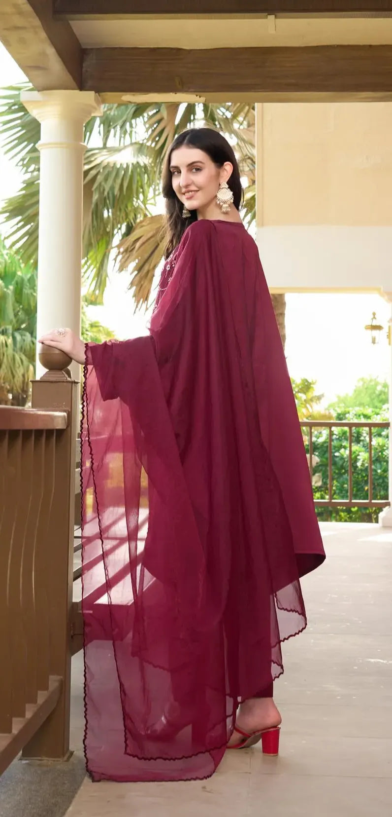 Resham Embroidery Silk Stitched Asymmetrical Trouser Kurta & Dupatta