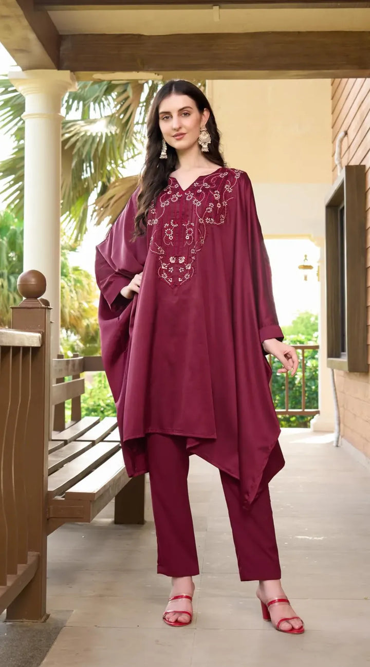 Maroon Embroidered Satin Silk Kaftan Style Kurta