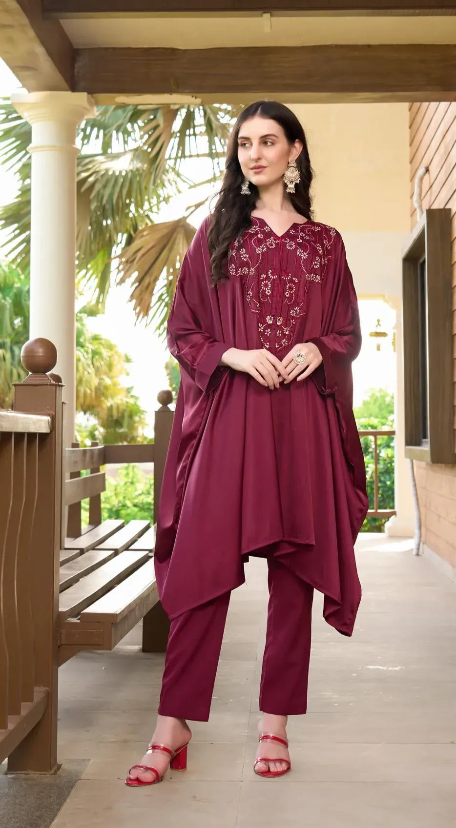 Maroon Embroidered Satin Silk Kaftan Style Kurta