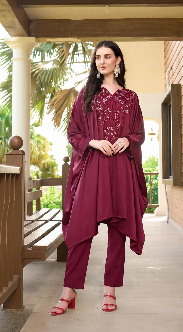 Maroon Embroidered Satin Silk Kaftan Style Kurta