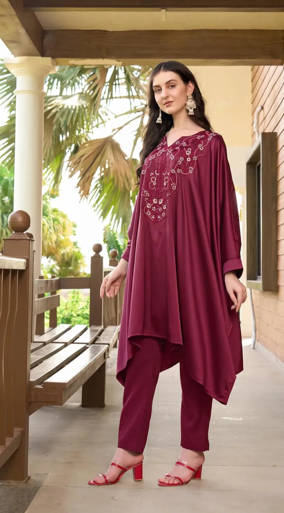 Maroon Embroidered Satin Silk Kaftan Style Kurta
