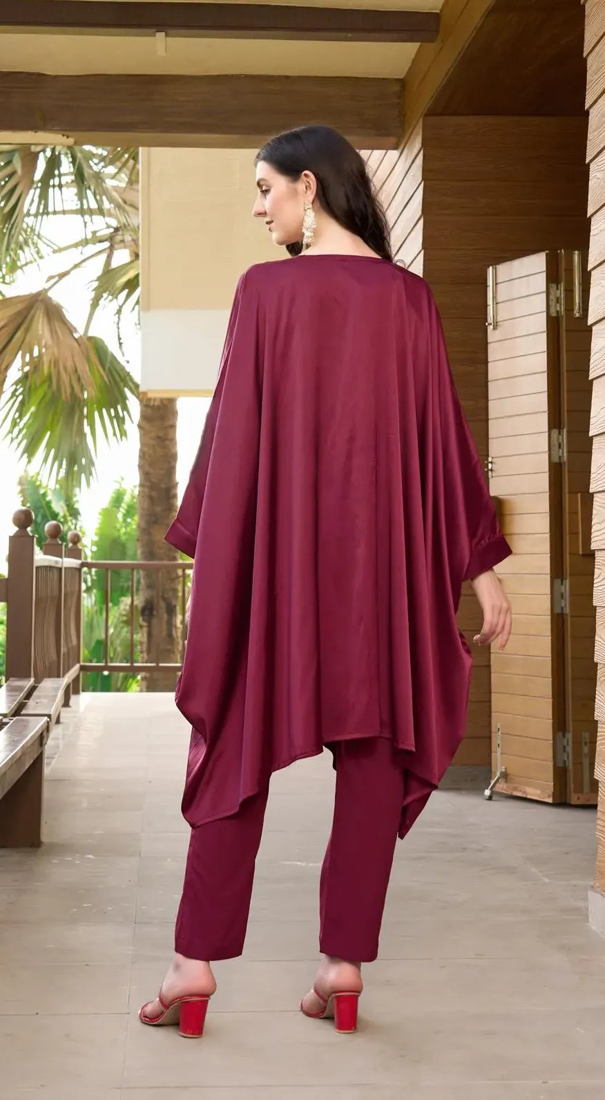 Maroon Embroidered Satin Silk Kaftan Style Kurta