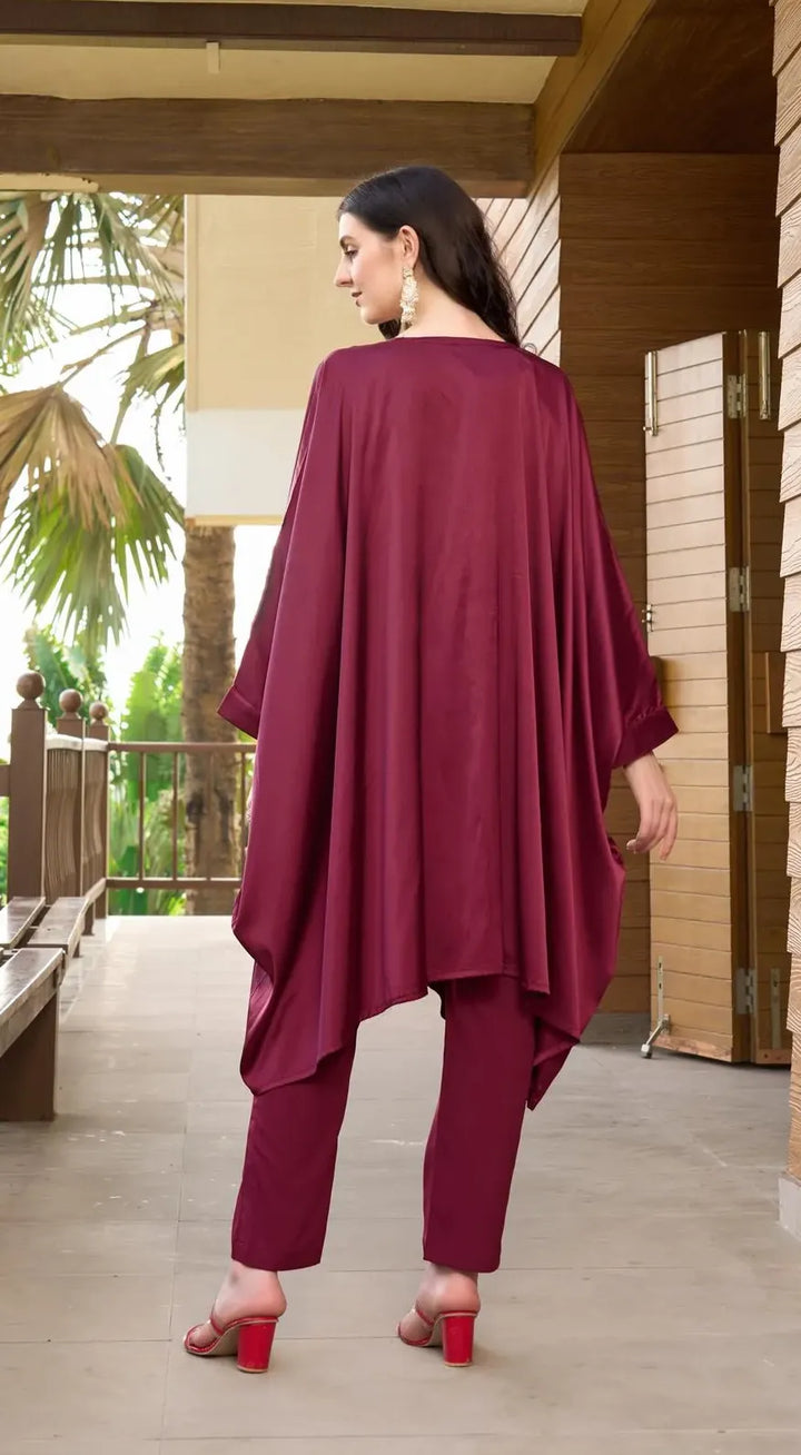 Maroon Embroidered Satin Silk Kaftan Style Kurta