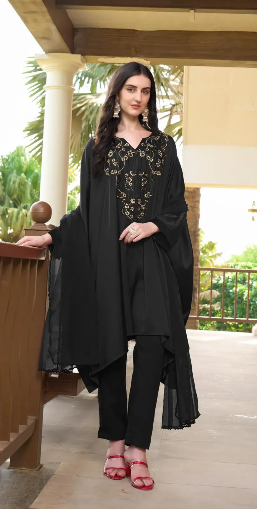 Resham Embroidery Silk Stitched Asymmetrical Trouser Kurta & Dupatta