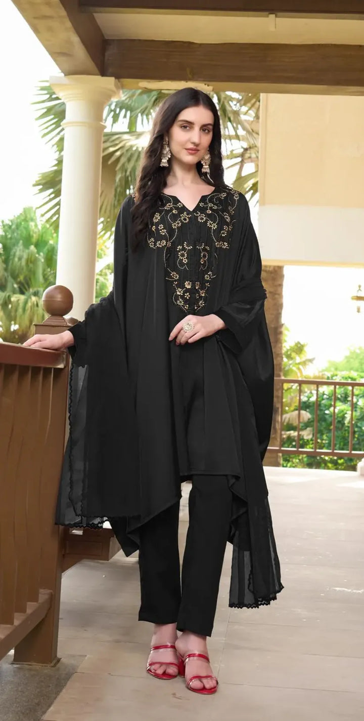 Resham Embroidery Silk Stitched Asymmetrical Trouser Kurta & Dupatta
