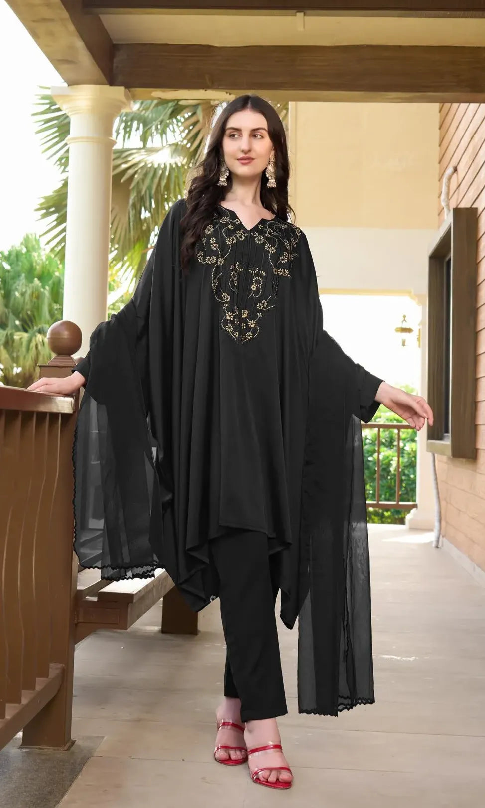 Resham Embroidery Silk Stitched Asymmetrical Trouser Kurta & Dupatta