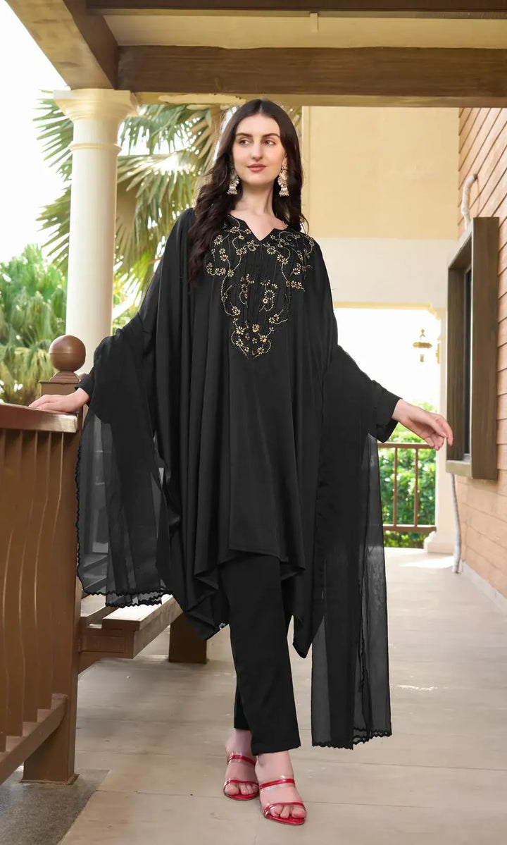 Resham Embroidery Silk Stitched Asymmetrical Trouser Kurta & Dupatta