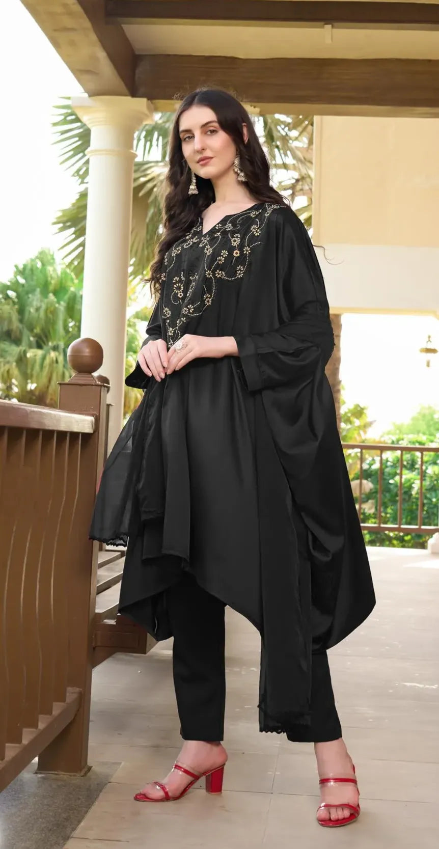 Black Machine Embroidery Silk Kaftan Style Asymmetrical Suit