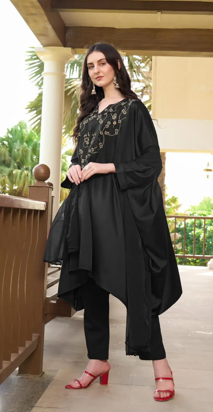 Black Machine Embroidery Silk Kaftan Style Asymmetrical Suit