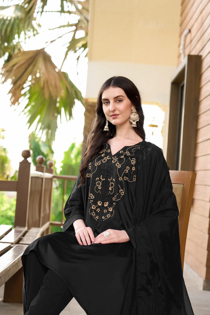 Black Machine Embroidery Silk Kaftan Style Asymmetrical Suit