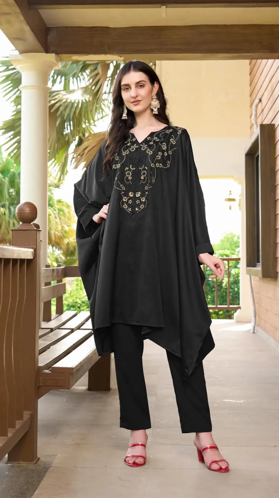Black Embroidered Satin Silk Kaftan Style Kurta