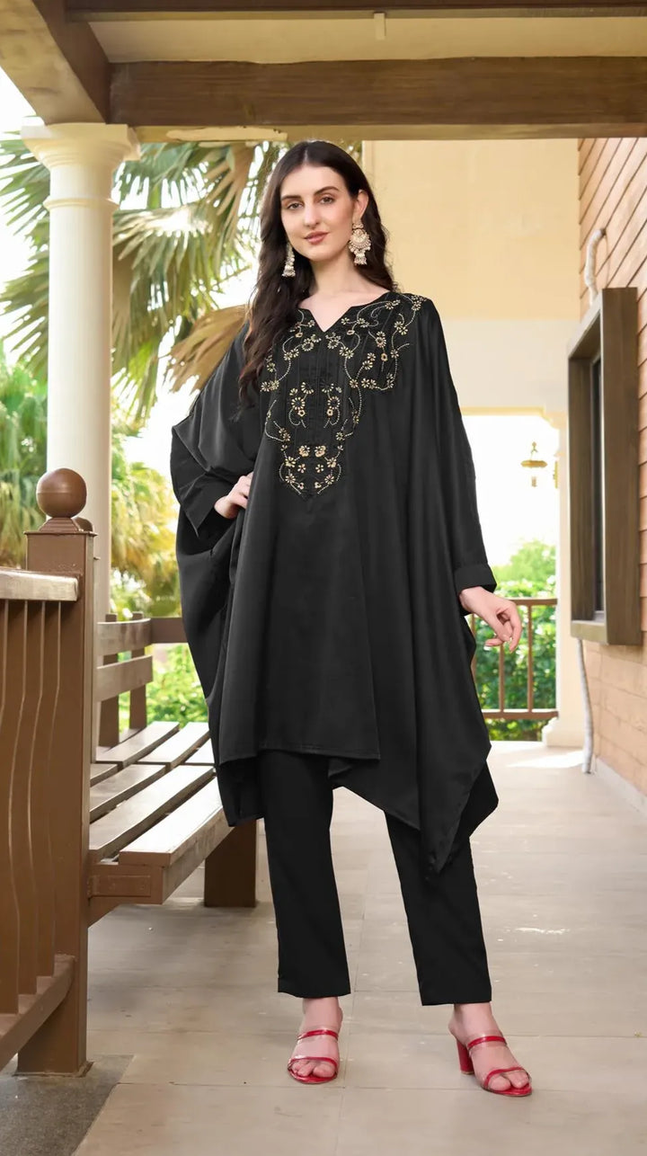Black Embroidered Satin Silk Kaftan Style Kurta