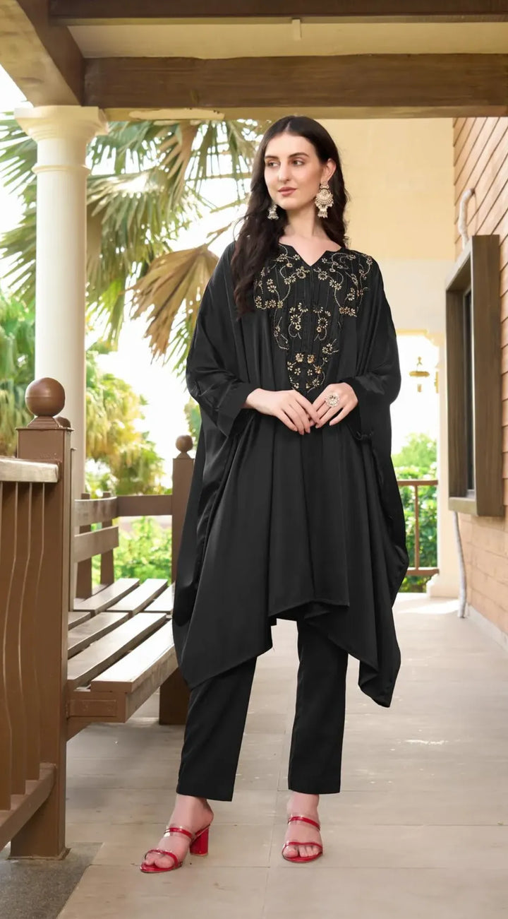 Black Embroidered Satin Silk Kaftan Style Kurta