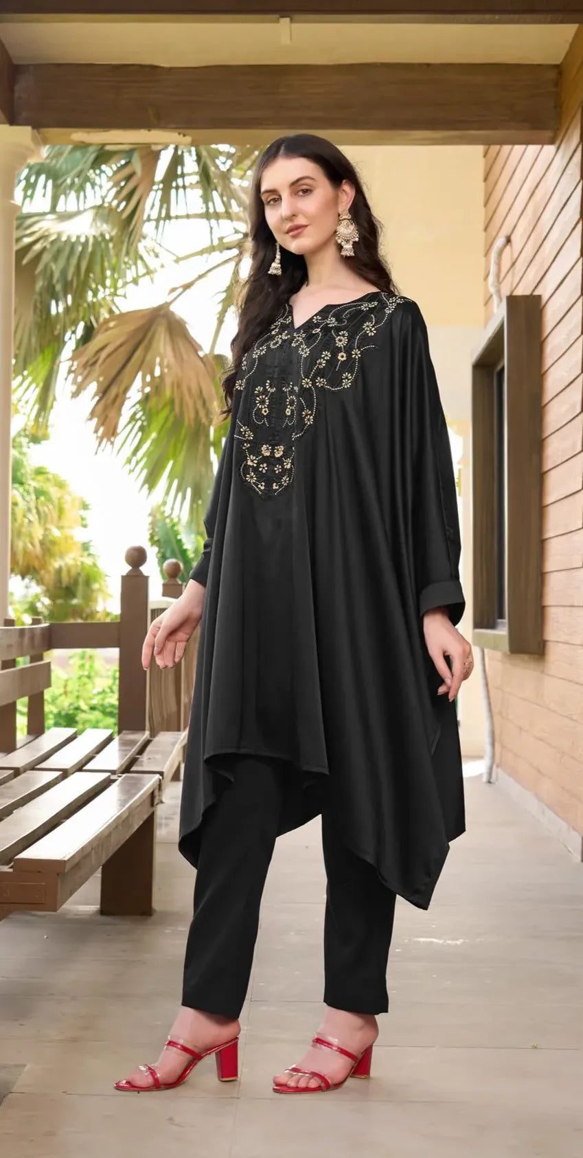 Black Embroidered Satin Silk Kaftan Style Kurta