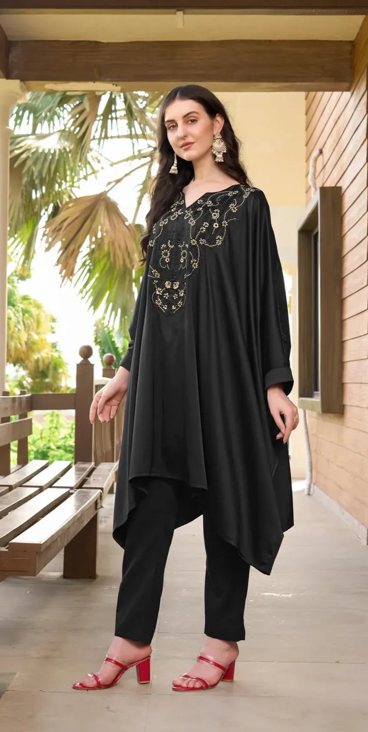 Black Embroidered Satin Silk Kaftan Style Kurta