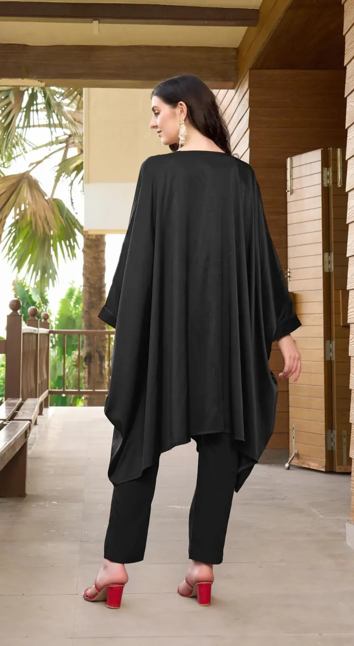 Black Embroidered Satin Silk Kaftan Style Kurta